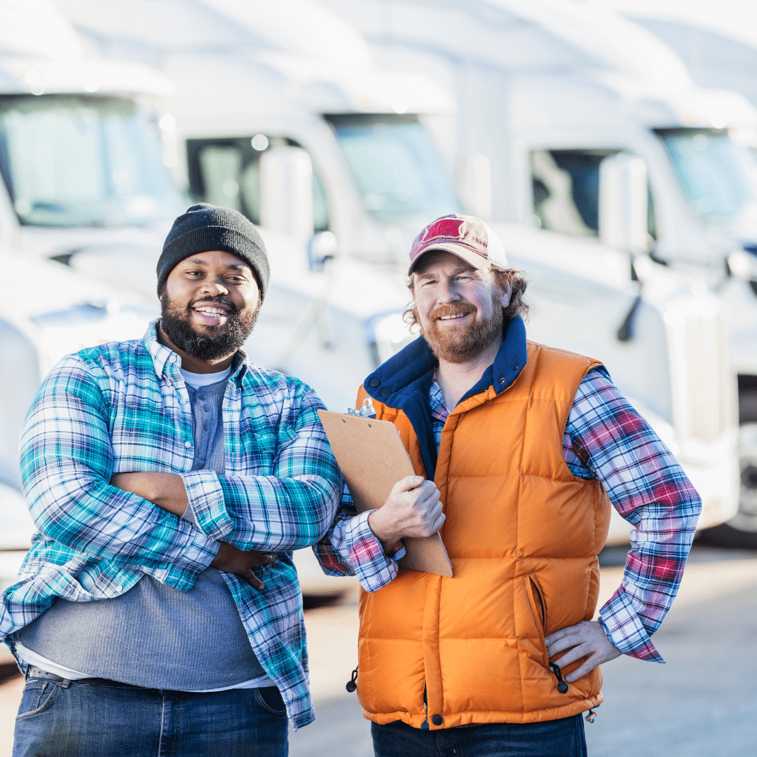 two men smiling a camera one holding a clip board